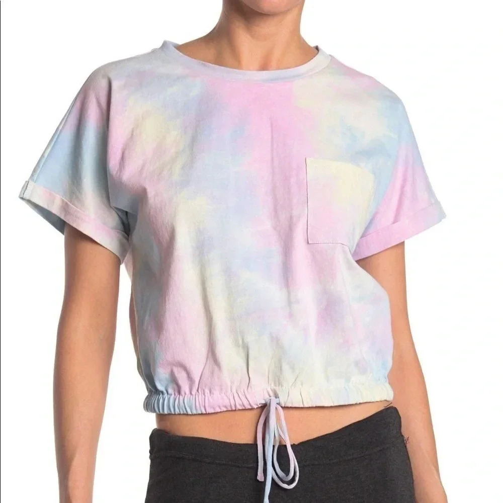 NWT Lush Pink And Blue Tie Dye Drawstring Cropped Short Sleeve Top Size Medium